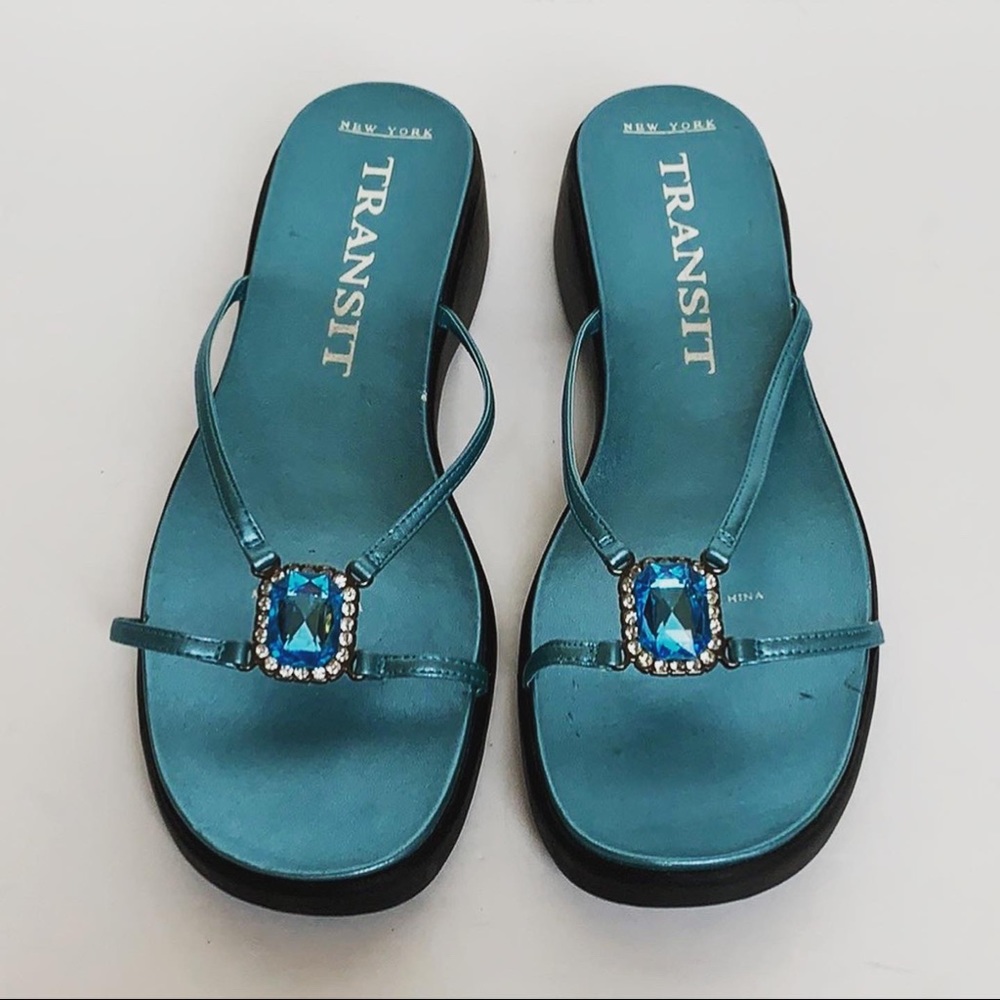 NY TRANSIT Blue Platform Sandals w/ Rhinestones